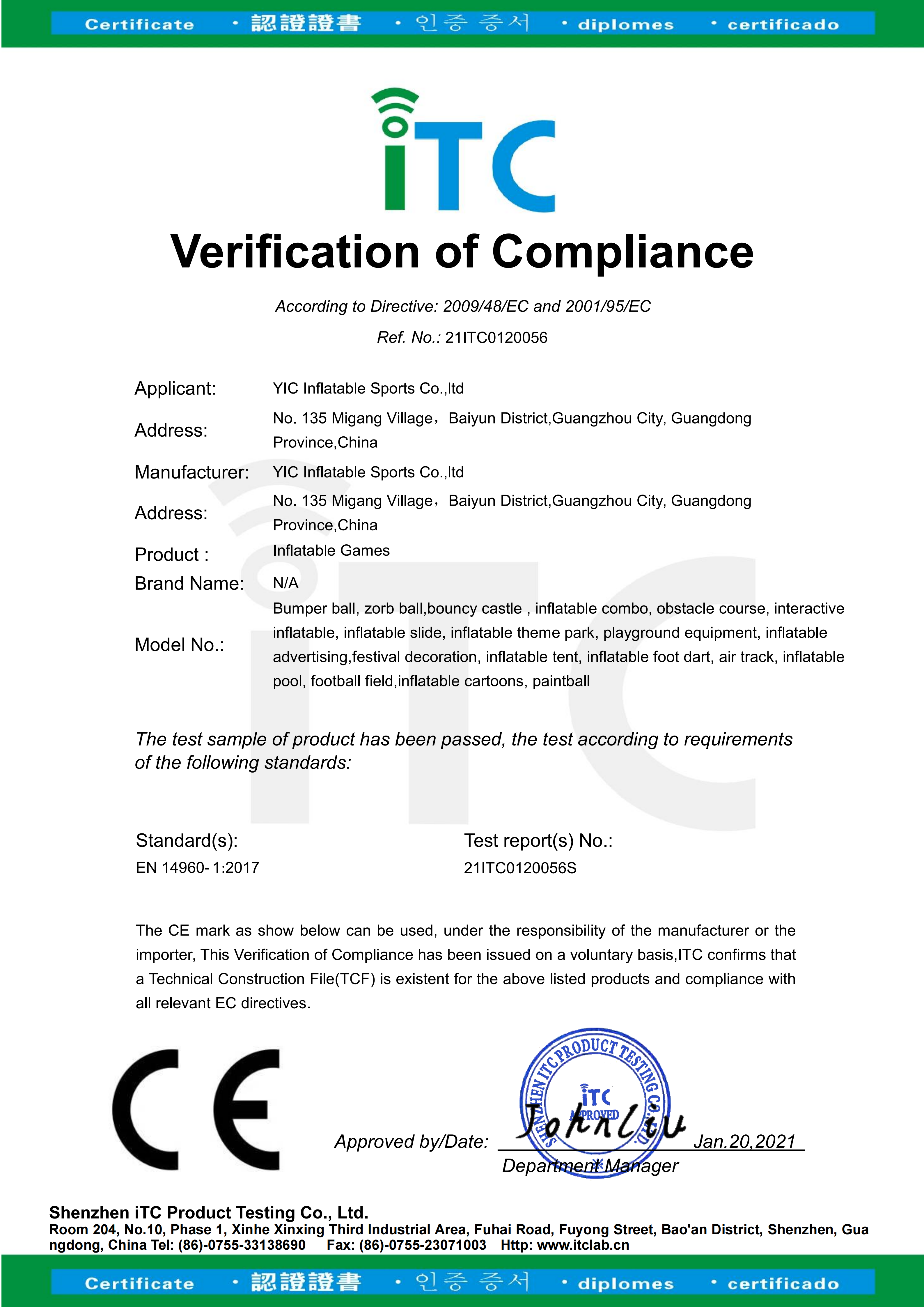 EN 14960 document from YIC Inflatable Sports