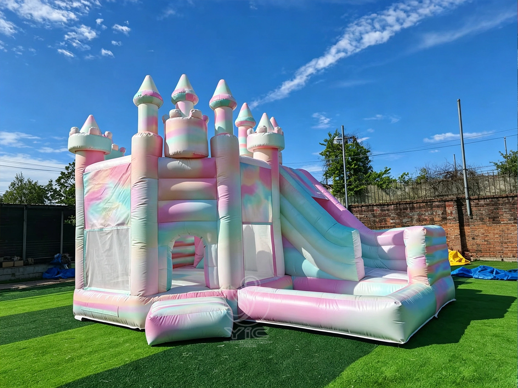 White castle bounce house with slide and ball pit